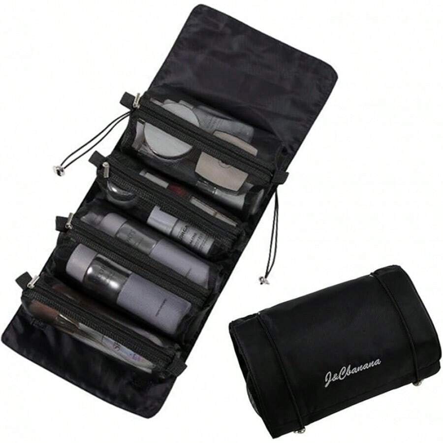 Bolsa de Maquillaje Plegable de Viaje Enrollable, Bolsa de Cosméticos 4 en 1 Desmontable Multifuncional, Bolsa de Aseo de Viaje Enrollable para Mujer con 4 Bolsas Desmontables de Malla, Colgante - Negro - Ver 1