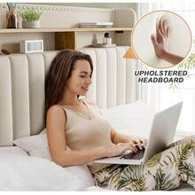 EnHomee Queen/King Bed Frame With 2-Tier Storage Headboard & 2 Storage Drawers, Upholstered Platform Bed Frame , Sturdy Wooden Slats Support, Noise-Free, No Box Spring Needed, Beige - 米色 - 查看 2