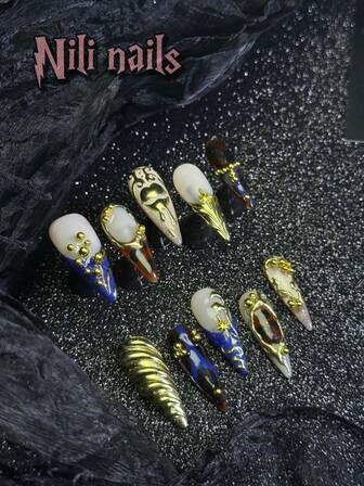 10 قطعة/مجموعة أظافر صناعية طويلة بطراز Y2K بادي بشكل عين القطة، بألوان عارية وبنية وزرقاء وفرنسية كروم، بنقشات قلب وقطرات جل مائية، مزينة بأحجار الراين واللؤلؤ، مع نقش نمر بشكل قلب كهرماني، مناسبة للحفلات والمناسبات والاستخدام اليومي، تأتي مع طقم أدوات، هدية رائعة للنساء والفتيات، مع وسادة جيلي ومنشار أظافر