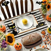 4 piezas Manteles individuales de lino con estampado de fantasma a rayas y gatito para Halloween - Manteles rectangulares de lino tejido para decoración de comedor, cocina, mesa de café y mesa de comedor - Multicolor - Ver 4