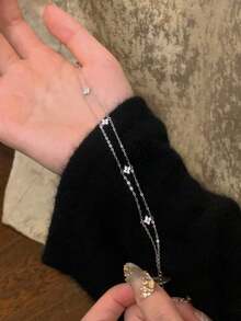GAGAFEEL 1pc Sterling 925 Silver Exquisite Elegant Fashionable Double Layers Cute Flowers Cubic Zirconia Chain Bracelet For Women Daily Wearing Friendship Party Jewelry Gift