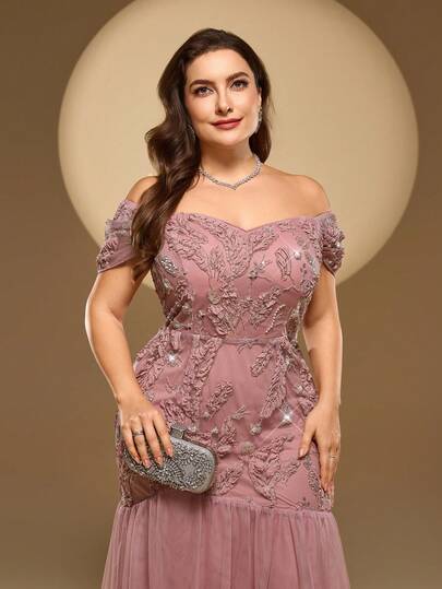 Plus Size Women's Off Shoulder Solid Color Dress With Heavy Beaded Embroidery, Applique Craftsmanship, Mesh Hem, Ethereal & Asymmetrical, Suitable For Multiple Occasions, Soft Fabric For Evening Gown, Banquet