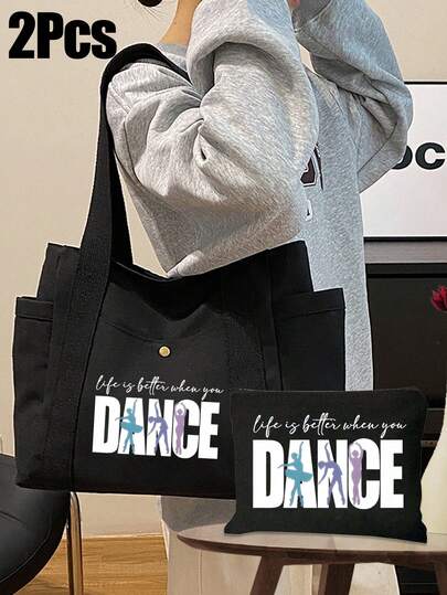 Große Kapazität Tanz-Motiv Tragetasche für Damen, Schwarze Kosmetiktasche - Großer "TANZ" Schriftzug, Reißverschluss & geräumiges Inneres - Strapazierfähige Polyester Schultertasche für Tanzen, süßes Retro einfaches Muster mit Buchstaben, Einkaufstasche, für Auftritte, Arbeit, Reisen - Schwarz/Handwäsche - Professionell & Alltags Chic Handtasche