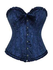 Women Bustier Corset Tops Frill Trim Off Shoulder Sleeveless Hook And Eye Body Shaper Tops - 藏青色 - 查看 1