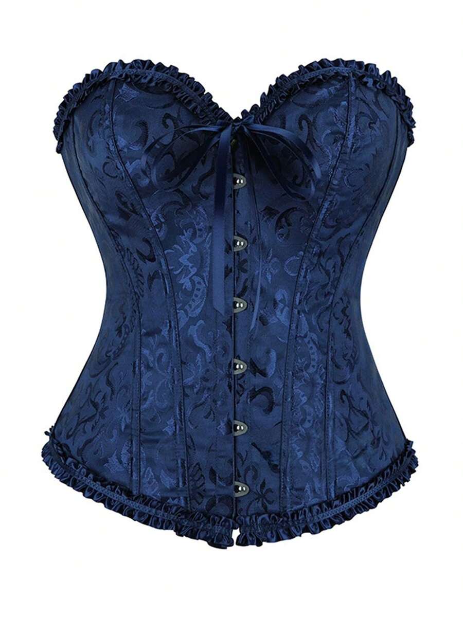 Women Bustier Corset Tops Frill Trim Off Shoulder Sleeveless Hook And Eye Body Shaper Tops - 藏青色 - 查看 1