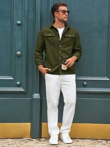 Mens Shirt Jacket Long Sleeve Button Down Casual Shacket Lightweight Thermal Shirts With Pocketshalloween - Army Green - View 6