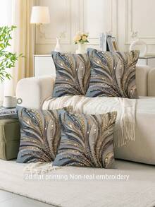 4pcs 18" X 18" Modern Abstract Feather Pattern Pillow Covers (Printed Cushion Covers, No Sequins), Zipper Closure, Mixed Color Design, Suitable For Living Room, Bedroom, Office And Holiday Gifts (Pillow Insert Not Included), Vintage Pillowcase, Bedroom Decor, Modern Decor, Elegant Style, Shiny Texture, 2D Flat Print - Silver - View 8