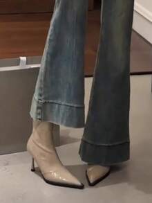 2025秋冬新款欧美尖头高跟踝靴，修身拼接踝靴，复古棕色踝靴，猫跟靴 - 米色 - 查看 3