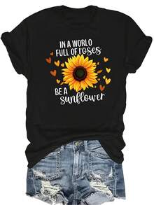 [Camiseta de Moda Casual] Camiseta de mujer suave y cómoda - Camiseta de manga corta de cuello redondo con cita inspiradora de girasol, regalo perfecto para la abuela y la mamá, uso casual de primavera y verano - Negro - Ver 1