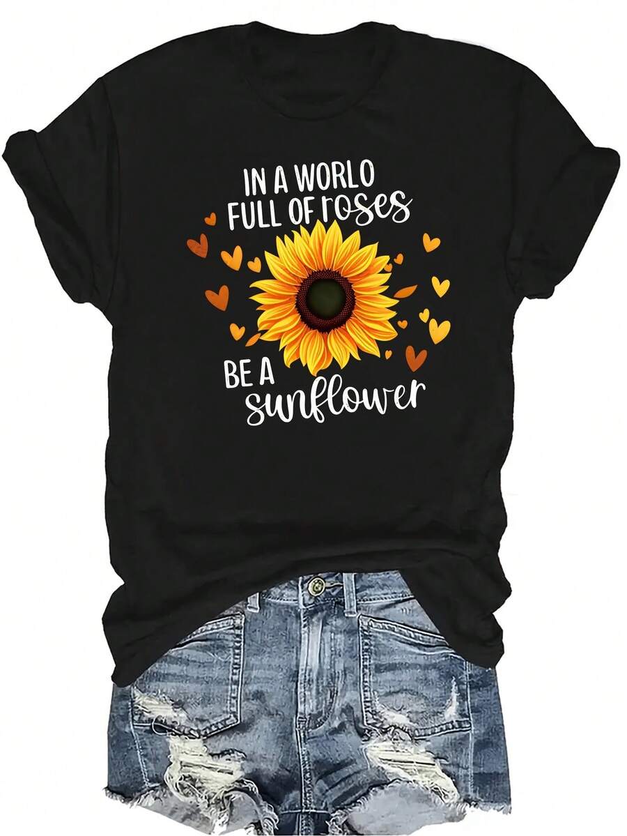 [Camiseta de Moda Casual] Camiseta de mujer suave y cómoda - Camiseta de manga corta de cuello redondo con cita inspiradora de girasol, regalo perfecto para la abuela y la mamá, uso casual de primavera y verano - Negro - Ver 1