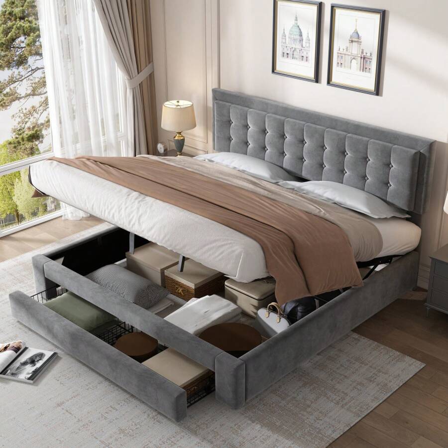 Bed With Drawers, Velvet Fabric, Upholstered Bed, Box Spring, Double Bed, Large Storage Space, 180 X 200, Gray