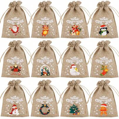 10 件圣诞礼物粗麻布袋，圣诞印花束口袋礼品袋节日装饰袋，图案随机