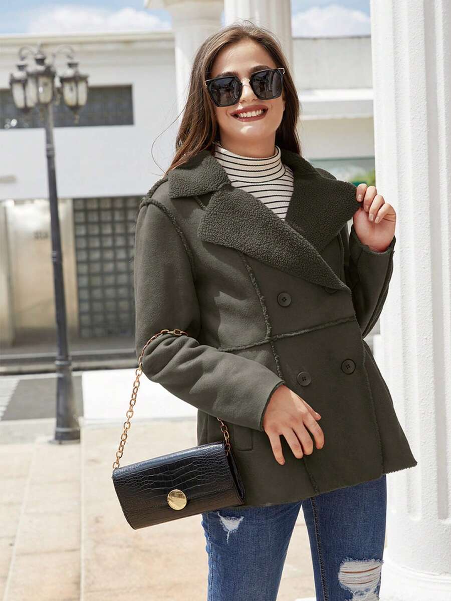 Women's Elegant Solid Color Faux Fur Front Button Pocket Jacket, Faux Suede & Fur Lining, Casual Winter Coat