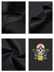 Camiseta casual para mujer de algodón puro 220g gruesa y cómoda con diseño de calavera de azúcar colorida rosas y texto Día de los Muertos y'all - Negro - Ver 4