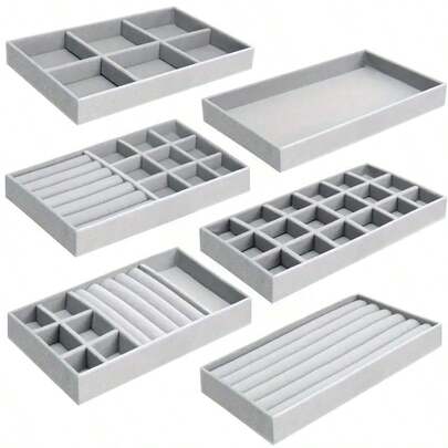 [Velvet Jewelry Storage Box] Stackable Velvet Jewelry Trays, Grey Jewelry Drawer Organizer, Suitable For Rings, Earrings, Bracelets, Necklaces, Brooches