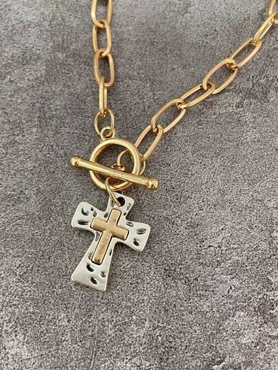 1pc Vintage Boho Style Cross Pendant Necklace, Thick Unique Pendant Necklace, Women's Special Silver & Gold Chain Necklace, Religious Christian Cross Everyday Party Jewelry, Gift For Her