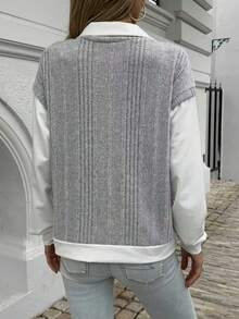 Women's Patchwork Turndown Collar Ribbed 2 In 1 Casual Loose Sweatshirt - Grey - View 6