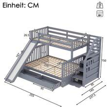 Bunk Bed 90 X 200 X 140 X 200 With Drawers, Storage Space And Slide, Multifunctional, White - Gray + Pine + 140cm*200cm - View 5