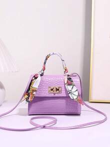 1pc Girls' Solid Color Mini Crossbody Bag, Scarf Decor Handbag, Suitable For Daily Use, Ideal Gift Choice - Purple - View 4