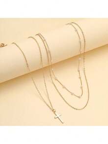 Golden Layered Pearl Cross Necklace Exquisite Artificial Multi Layer Womens Jewelry Holiday Gift Daily Fashion Necklaces