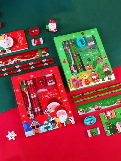 6pcs Christmas Gift Stationery Set - Portable Pencil Case With Santa Claus, Reindeer And Holiday Patterns - Suitable For Students And Office Use - Perfect Christmas Gift, Holiday Design, Durable Plastic, Stationery Gift Box, Calligraphy And Stationery Set, Countdown Calendar, Christmas Pens, Stationery Set, Pens, School Supplies, School Accessories, Stationery Items