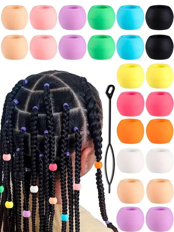 25pcs Silicone Hair Beads, Suitable For Young Women, Colorful Spacer Beads, Soft Braids, Suitable For Fine, Thick, Curly Hair Accessories (Includes Black Hair Needle), Claw Clips, Hair Claws, Hair Slide, Hair Barrettes