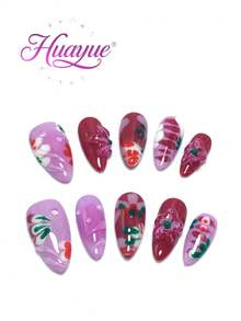 10 Pieces Of 2.5 Cm Handmade Almond-Shaped Nail Tips, Beach Essentials, Nail Patch, Press-On Nails, Nails, Supplies, Summer Nails, Press-On Acrylic Nails, Long Nails, With Pink Flowers, Strawberries, Leaves, Blush, 3D Carved Designs, French Tips, Gradient Colors, Suitable For Various Occasions Such As Beach