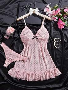 2-Piece Sexy Lingerie Set , Women's Elegant Polka Dot Mesh Nightgown With Ruffle Hem, Breathable Elegance Cute Sleepwear With Bow Decoration, Comfortable Fabric & Chic Everyday Loungewear - 粉色 - 查看 5
