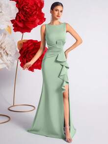 Elisanya Solid Color High Waist Ruffle Hem Slit Open Back Cocktail Party Evening Dress - Green - View 5