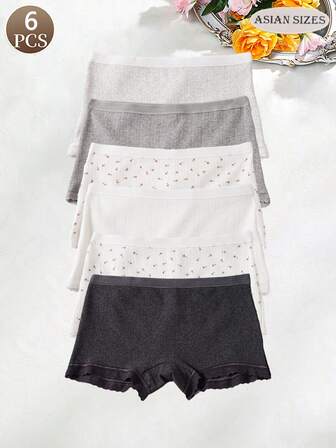 6-Piece Printed Cotton Women's Briefs, Comfortable, Seamless, Soft Women's Panties, Leggings, Safety Pants