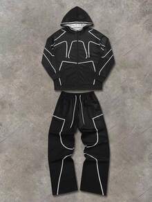 1 Conjunto de Sudadera con Capucha y Pantalón de Chándal Casual y Deportivo para Hombre, Primavera/Otoño, Raya Blanca y Estampado Digital, Chaqueta y Pantalón Negros