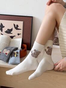 1 par de calcetines de tripulación con diseño de animales versátil y lindo, calcetines casuales de invierno/otoño para mujer
