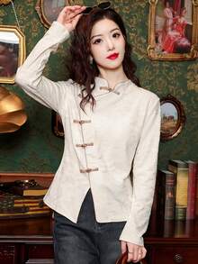 Elegant Hanfu Long Sleeve Top With Mandarin Collar Asymmetrical Button Front Knitted Fabric Regular Length - Apricot - View 8