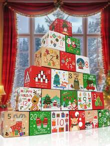 24 件/套复古圣诞降临节日历礼品盒，24 天倒计时圣诞牛皮纸礼品包装盒，卡通圣诞主题 DIY 纸板数字盒，适合送礼和家庭圣诞派对礼物节日礼物装饰 - 彩色 - 查看 2