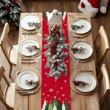 1pc Christmas Table Runner, Christmas Tree & Snowflake Winter Holiday Decor, Farmhouse Dining Table Decoration, 100% Polyester Linen-Like, Suitable For Kitchen, Dining Table, Coffee Table, Holidays, Parties, Weddings - Red - View 6