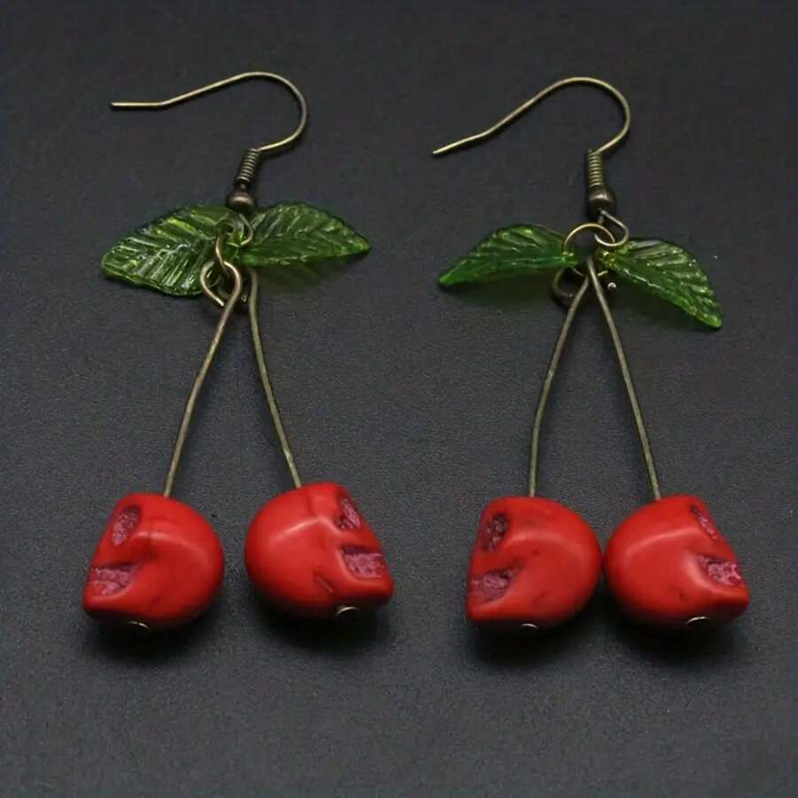 1pair Punk Exaggerated Red Skull Cherry Shaped Dangle Earrings, Punk Retro Earrings - Màu Bạc Cổ - Xem 1