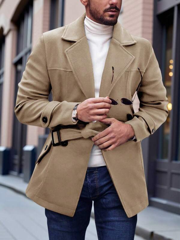 Pardessus pour hommes, veste décontractée de couleur chamois ajustée avec ceinture, pour le travail et les déplacements, automne