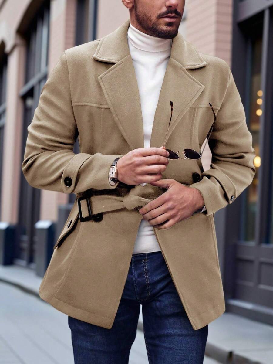 Abrigo largo de manga larga para hombre, abrigo casual de negocios de corte slim en color camello con cinturón, para otoño