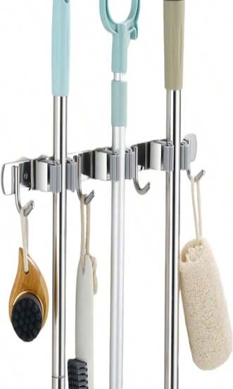 Wall Mounted Broom And Mop Rack, Non Perforated Self-Adhesive Stainless Steel Heavy-Duty Broom Rack, Suitable For Kitchen Garden Laundry Room And Garage Storage Tool Rack (3 Racks And 4 Hooks)
