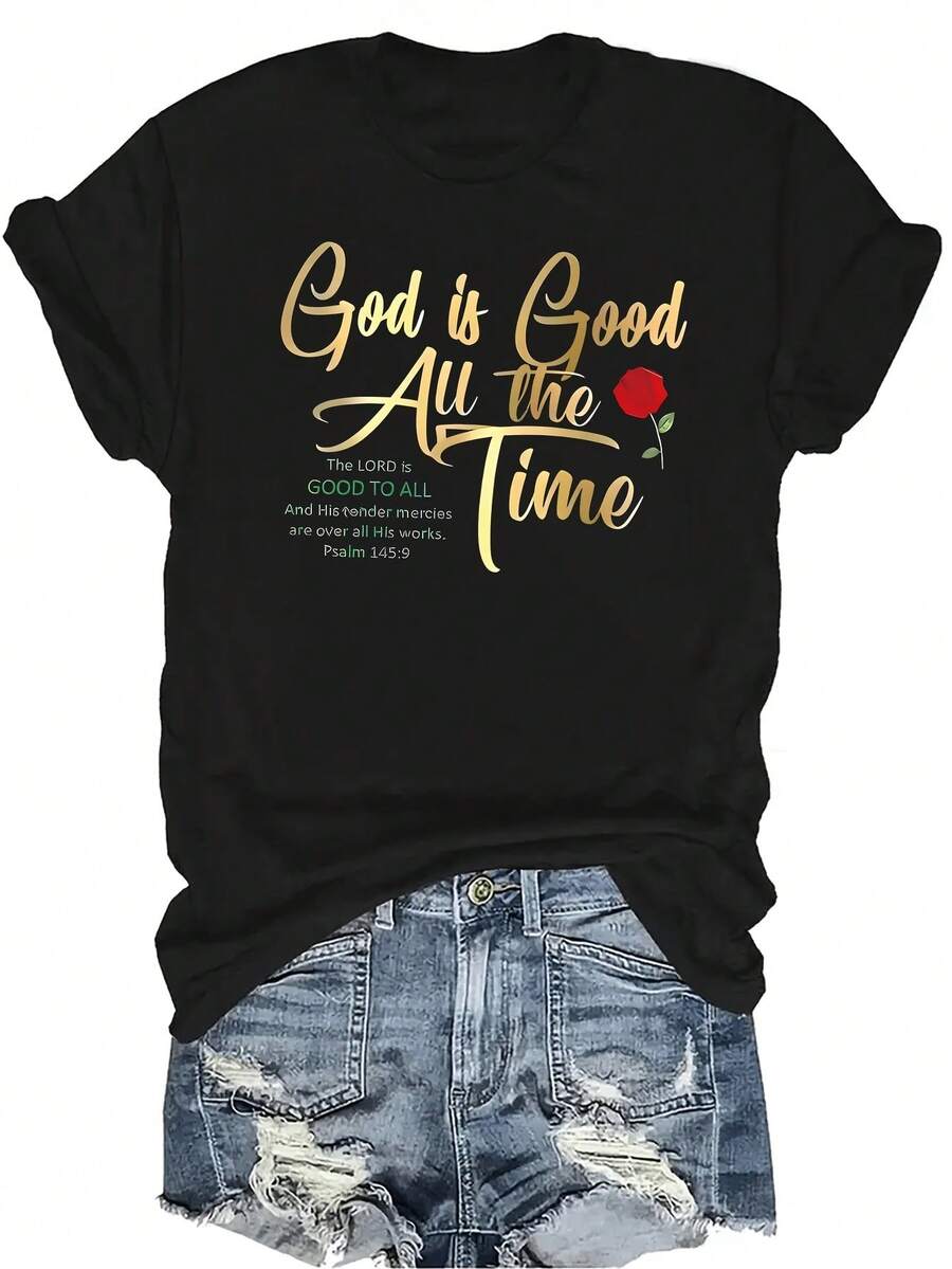 [Camiseta de Moda Casual] Camiseta de Mujer Suave y Cómoda - La Bondad de Dios Siempre Casual de Manga Corta Cuello Redondo, Regalo Perfecto para Abuela y Mamá, Uso Casual de Primavera Verano - Negro - Ver 1
