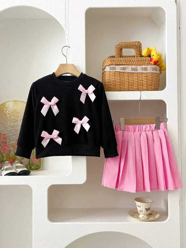Humor Bear 2pcs/Set Girls Bowknot Crew Neck Long Sleeve Sweatshirt And Pleated Skirt Set, Autumn