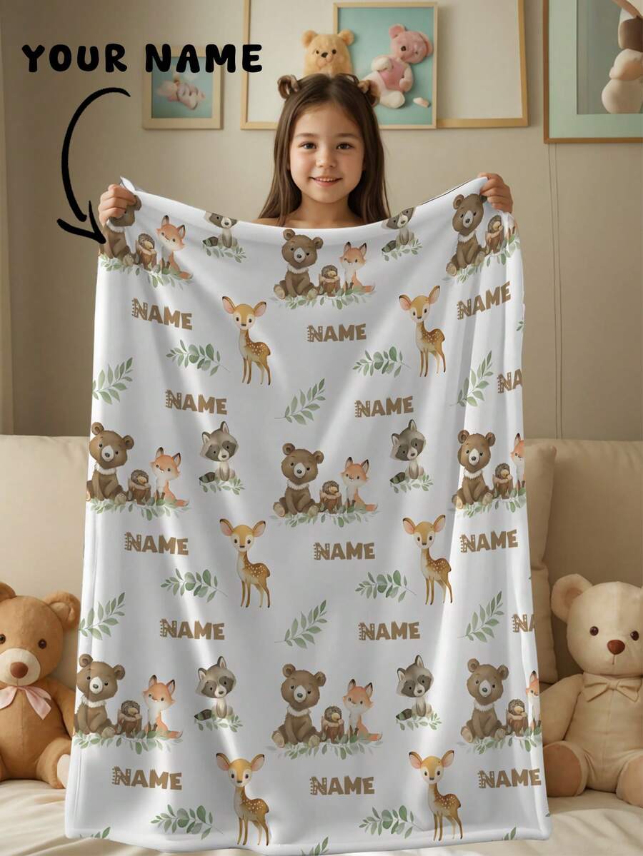 1 pieza Manta personalizable con texto de familia, manta personalizada con patrones de oso, zorro, ciervo, mapache y texto, manta conmemorativa, adecuada para niñas, niños, adultos, Día de San Valentín, ligera, manta para bebé, manta de felpa personalizada, manta con foto personalizada, manta de tiro personalizada, manta de bebé personalizada, manta para recién nacido, adecuada para el Día de la Madre, cumpleaños, Día del Niño