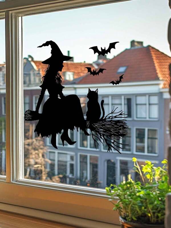 1 Stück Halloween Hexe, Besen, schwarze Katze und Fledermaus Fensteraufkleber - Glasaufkleber, beidseitig verwendbar, Heimdekoration, Material: PVC, matte Oberfläche, Halloween Dekoration