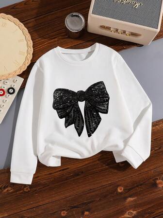Girls' Casual Chic Street Style Collegiate Retro Bowknot Contrast Design Crew Neck Long Sleeve Soft & Comfortable White Sweatshirt, Suitable For Outdoor Sports, Back To School, Commuting, Social Gatherings, Spring/Autumn/Winter