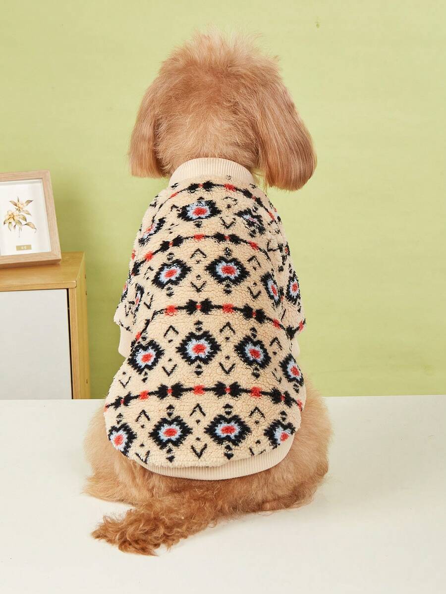EOO 1pc Cat & Dog Universal Fashionable New Ins Style Warm Geometric Pattern Fleece Pet Sweatshirt For Autumn/Winter - Multicolor - View 1