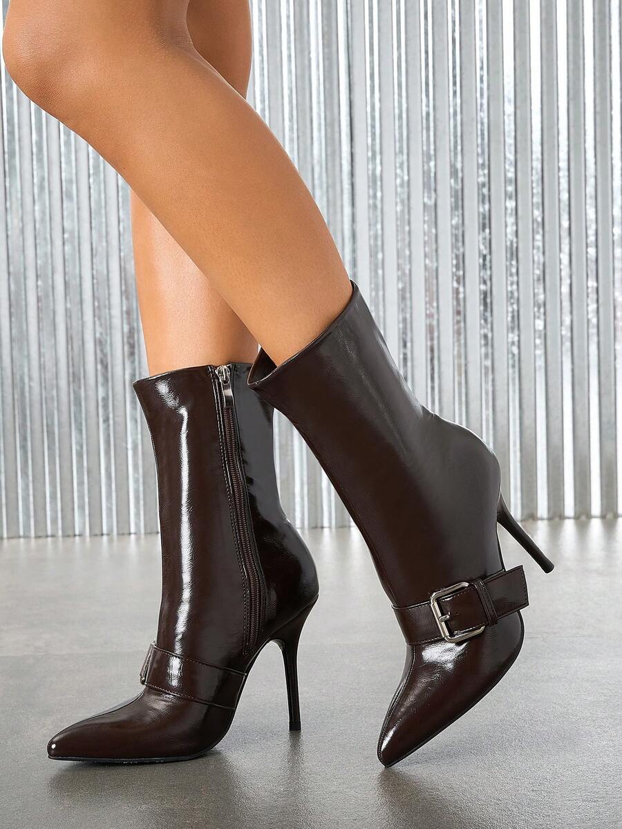 Bottes cheville classiques pour femmes, bottes de randonnée casual, bottes à talons aiguilles à bout pointu pour l'automne/l'hiver. Bottes élégantes et confortables marron foncé avec fermeture éclair latérale - marron foncé - Voir 1