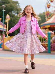 2pcs/Set Girls Casual Sweet Style Long Sleeve Jacket And Ditsy Floral Dress Outfit, Spring/Summer New Arrival - Multicolor - View 4