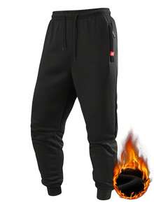 男士保暖运动裤，带抽绳腰带，拉链口袋，裤脚收口，保暖舒适，适合户外穿着，适合慢跑、露营、徒步旅行和其他户外活动 - 黑色 - 查看 7