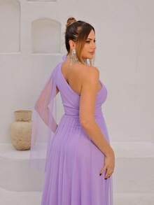 Long One-Shoulder Dress With Glittery Flower - Lilac Purple - View 5