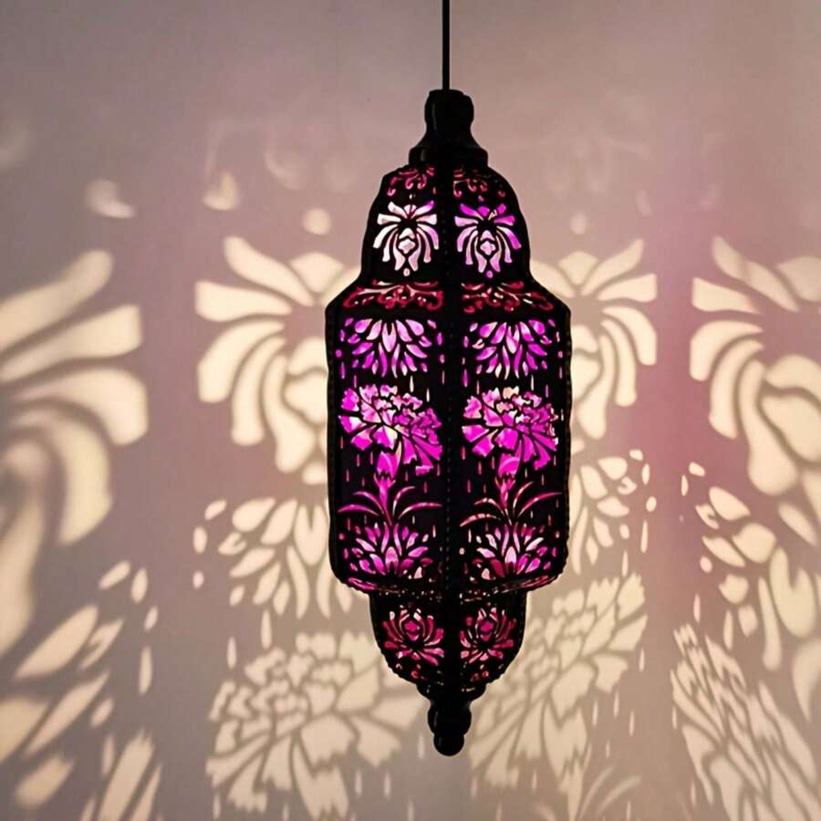 1 Unit Moroccan-Inspired Solar Lantern – Hollow Iron Hexagonal Outdoor Hanging Light, Carnation/Rose/Daffodil Projections For Landscape - 紫色 - 查看 1